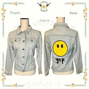 NWT Boohoo Light Blue Womens Sz 6 Denim Western Jacket Custom Smiley Painted